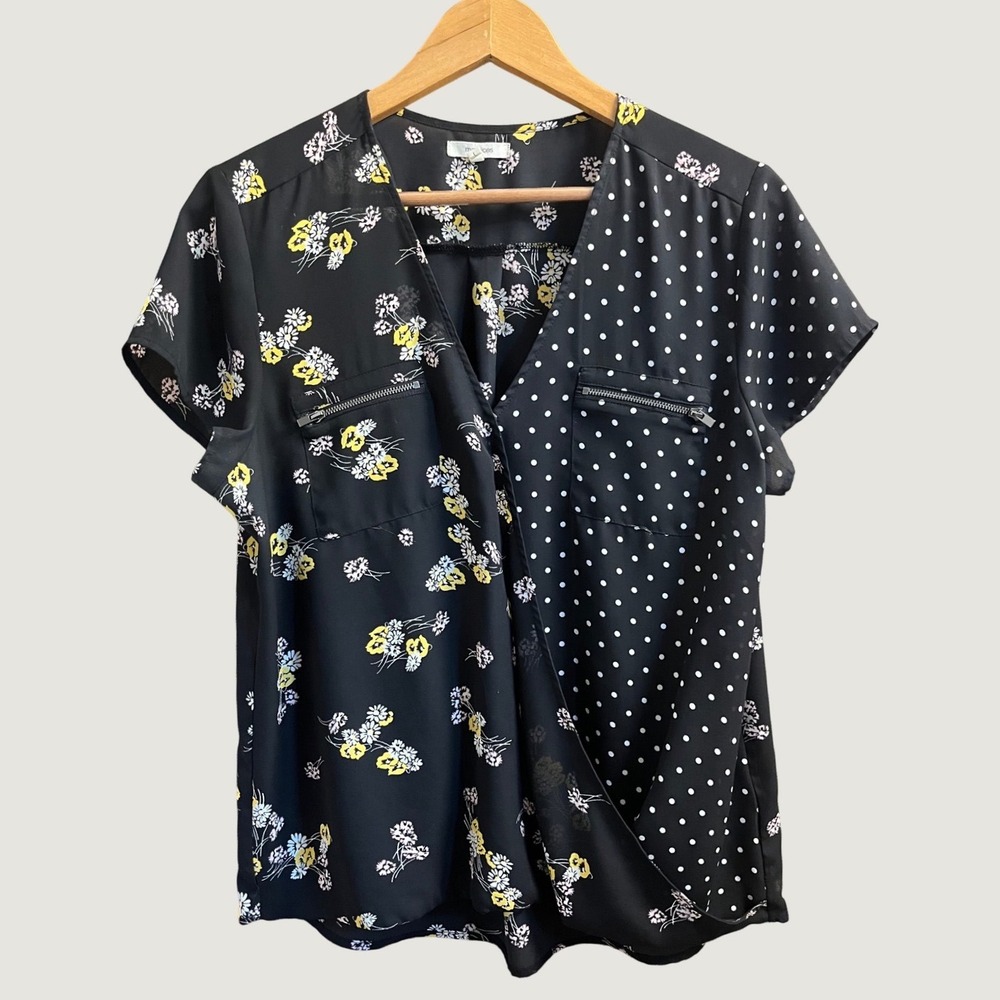 Maurices Blouse Womens Large Black Floral Polka Dot Mixed Print Zipper Pockets